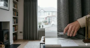 Alt text for image 7: An instructional graphic showing how to measure UK window widths and drops for full-coverage thermal curtains.