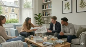 An open architectural diagram displayed in a hardcover coffee table book, surrounded by friends sitting on neutral-toned sofas.