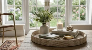 Rectangular woven rattan coffee table tray holding a white ceramic bud vase with green flowers, a burning white scented candle resting on stacked hardcover books, and a decorative wooden chain accessory on a light oak coffee table.