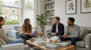 A relaxed social gathering in a light-filled room featuring art and design coffee table books, mugs, and a candle on a central wooden table.