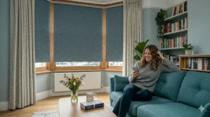 Close-up of a bespoke made-to-measure roller blind fitting perfectly within a recessed window frame.