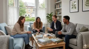 Four friends laughing and chatting around an oak coffee table styled with open and closed hardback books in a contemporary lounge. coffee table books