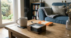 Minimalist dark grey felt coaster set arranged neatly on a sleek white sideboard.