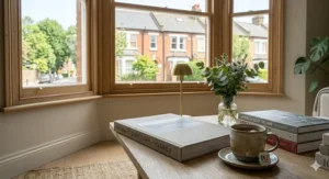 A photorealistic close-up of the oak coffee table. A large grey book titled 'MINIMALIST STRUCTURES' is neatly stacked. A classic British ceramic mug of hot tea with a PG Tips bag and tag rests on its saucer, with a brass lamp and a vase of eucalyptus nearby.