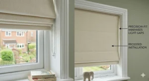 Technical illustration showing how to fit blackout Roman blinds to minimise side light gaps.