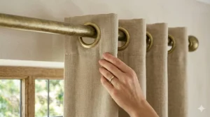 A detailed product photograph of a hand gently adjusting a natural beige linen curtain with brass eyelet headings, sliding smoothly along a matching brushed brass curtain rail.