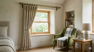 A premium lifestyle photograph of a textured brass curtain pole with decorative finials installed in a cosy bedroom reading nook, holding natural linen curtains beside a velvet armchair and curated bookshelf.