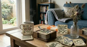Set of modern, clear glass coasters with a non-slip base, resting on a glass coffee table.