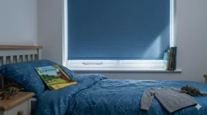 Automated blackout smart roller blinds in a contemporary bedroom, providing total light control for better sleep.