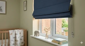 Navy blue blackout Roman blinds with child-safe cordless controls in a neutral UK nursery.