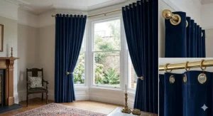Luxurious navy blue velvet eyelet curtains installed on a brass pole in a high-ceilinged Victorian lounge.