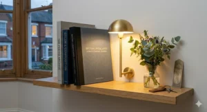 A close-up, high-detail photograph of the open photography book, 'THE ART OF DISPLAY', held on its stand on the oak coffee table. A highly detailed, antique-style brass bookmark with an intricate pattern rests on the open page. The stacked books, vase of flowers, and brass lamp are also sharp.