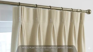 Classic cream pencil pleat thermal curtains fitted to a standard UK window frame, priced under £60.