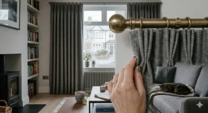 Alt text for image 8: Traditional pencil pleat thermal curtains fitted on a track to ensure a tight seal against the window for maximum insulation.