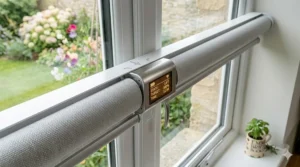 Discreet rechargeable battery motor hidden within the headrail of a smart roller blind, requiring no hardwiring.