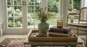 Low-profile rectangular rattan coffee table tray arranged with a speckled grey ceramic vase of wildflowers, a stack of books with dark green and burgundy spines, a brass magnifying glass on a dish, and a smoking glass candle.