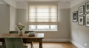 Cream-coloured Roman blinds mounted outside the window recess to create a sense of height and space.