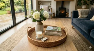 Woven round rattan decorative tray holding a ceramic teapot and mugs on a fabric footstool.