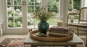 Round woven rattan coffee table tray featuring twin leather handles, styled on a rustic wood table with a deep green glazed ceramic vase of colourful wildflowers, a smoking glass candle, and a stack of burgundy and grey books.