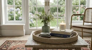 Large circular woven rattan coffee table tray on a rustic wooden table featuring a green ceramic jar with wildflowers, stacked styling books, a burning glass jar candle emitting subtle smoke, and a small gold accent dish.