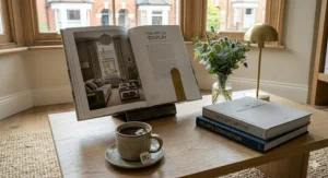 A detailed close-up of a modern oak shelf display. An open photography book is featured on a minimalist brass stand, showing a page about the art of display. Next to it are a stacked book, 'THE PHOTO ARCHIVE', the glass vase of eucalyptus, and the small brass dome lamp.