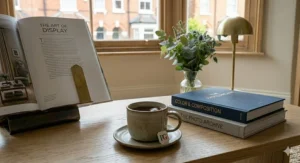 A photorealistic close-up of the wooden coffee table showing an open photography book, 'THE ART OF DISPLAY', held on a minimalist metal stand. A detailed bookmark is in place. Also present are the stoneware tea mug with its PG tag, stacked books, a vase of eucalyptus, and the brass dome lamp.