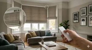Electric motorised Roman blinds being operated by a remote control in a contemporary lounge.