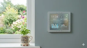 Close-up of a mobile phone screen showing the scheduling interface to automatically open and close smart roller blinds at sunset.