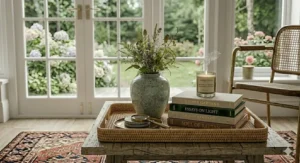 Deep circular rattan tray styled with a green ceramic vase of mixed wildflowers, a stack of grey coasters, a burning clear glass candle, and two hardcover books titled Garden Essays and The Quiet Life.