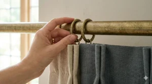 A high-resolution close-up of aged brass curtain rings on a matching pole, showcasing two different curtain fabric textures side-by-side: a beige linen and a grey-green cotton, illustrating material compatibility.