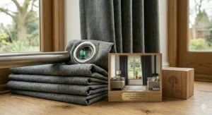 A technical illustration showing a cross-section of the fabric layers, including a thermal interlining and light-block coating for 90x90 blackout curtains.