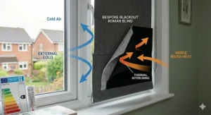Illustration showing how thick blackout Roman blinds help reduce heat loss in British homes during winter.