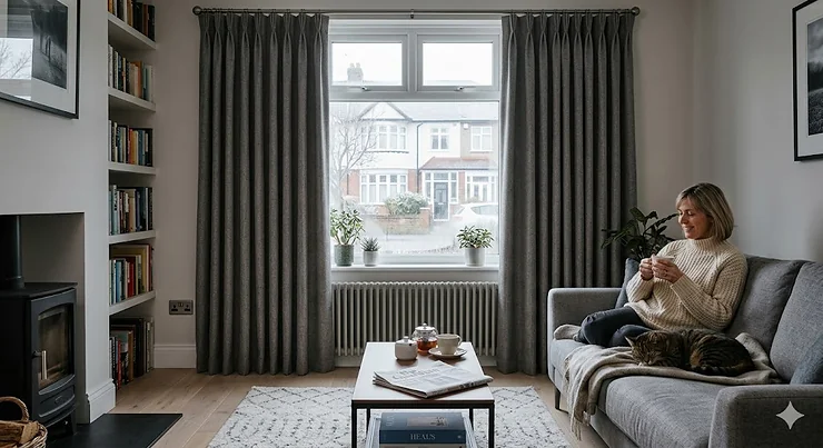 Alt text for image 1: A pair of heavy floor-length thermal curtains closed in a cosy UK living room during winter to prevent heat loss. thermal curtains UK winter
