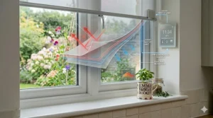 A diagram showing how smart roller blinds help retain heat during British winters and reflect glare in the summer.