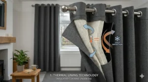Close-up of thick thermal lining on affordable insulated curtains to prevent draughts in British homes.