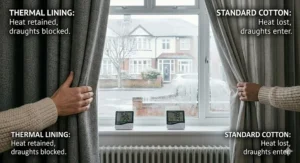 Alt text for image 5: Infrared style comparison showing heat retention differences between standard curtains and thermal-lined curtains in a winter setting.