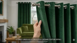 Luxury velvet-style insulated curtains in forest green, showing high-end aesthetic for a budget under £60.