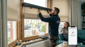Moisture-resistant waterproof roller blinds with a floral pattern, ideal for a kitchen window above a sink.