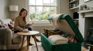 An open velvet storage ottoman showing the spacious interior compartment for tidying blankets.