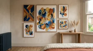 A curated gallery wall set of abstract wall art, showcasing a mix of prints for a stylish feature wall.