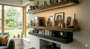Bespoke industrial floating shelves used as open kitchen storage.