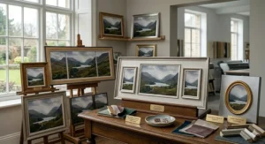 A curated gallery wall arrangement with various landscape and abstract art in mixed frames on a sage-green wall.