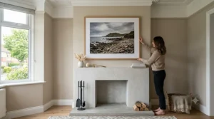 Bespoke large-format framed prints hanging above a fireplace.