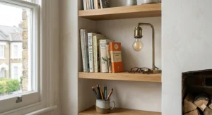 Custom-fitted floating shelves installed within a traditional Victorian terrace chimney breast alcove.
