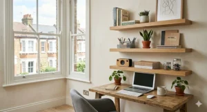 Sturdy floating shelves mounted above a desk in a home office setup, holding office supplies.