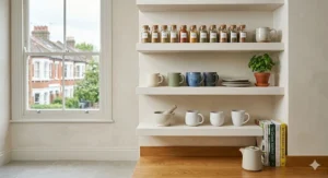 Minimalist white floating shelves in a kitchen used for storing spice jars and ceramic mugs.