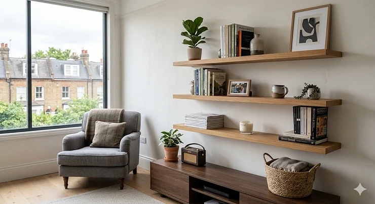 A set of solid oak floating shelves installed in a contemporary British living room, styled with neutral decor and books. best floating shelves