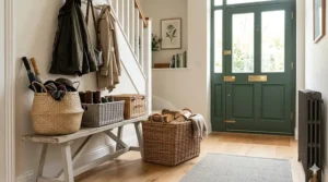 A 4K professional shot of the best storage baskets in a living room, labelled for organisation.