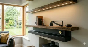 Industrial floating shelves mounted with matt black metal brackets.