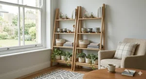 Matte black metal ladder display unit featuring four tiers for plants and home decor.
